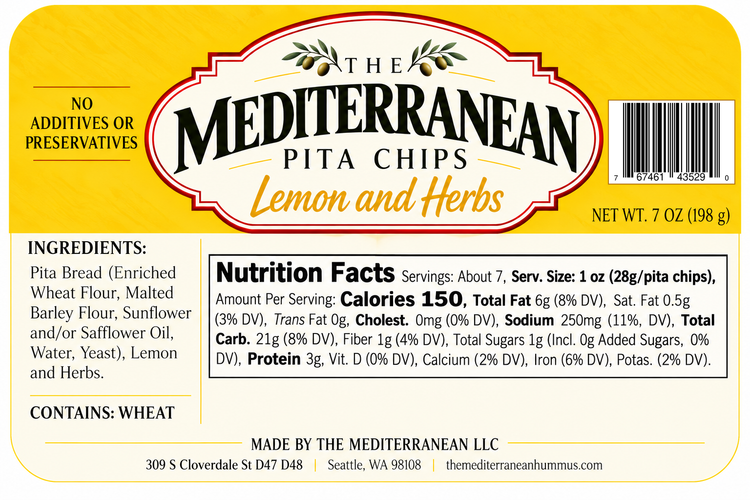 The Mediterranean Lemon and Herbs Pita Chips label, 7 oz